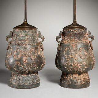 Pair Chinese archaisitic Hu vases mounted as lamps
