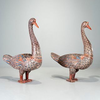 Pair large Indian carved wood birds