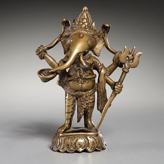 Antique inlaid copper alloy figure of Ganesh