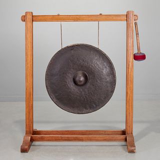 Monumental Asian temple gong on stand