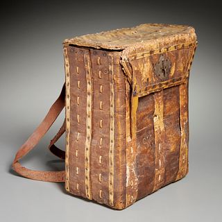 Antique birchbark and leather kreel or carrier