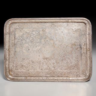 Large Persian engraved silver tray