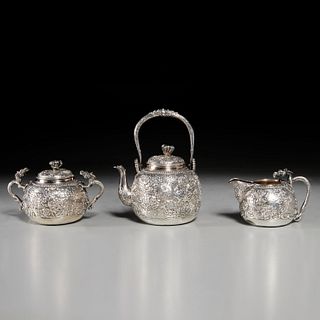 Japanese Export 3-piece silver repousse tea set