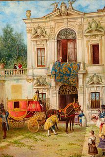 Carriage with Nobles Entering a Palace, 19th century Spanish school, signed Luis JimÃ©nez, Seville