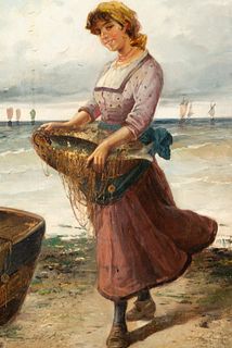 Young Girl Shellfishing, 19th century Spanish school, signed Rafael Senet