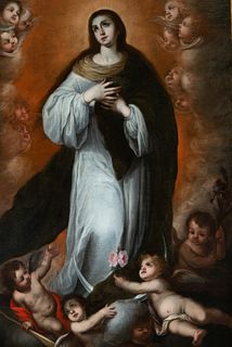Great Immaculate Virgin, Sevillian school from the end of the 17th century, follower of BartolomÃ© Esteban Murillo, in the manner of Juan SimÃ³n GutiÃ
