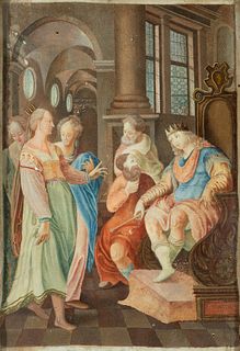 The Queen of Sheba before King Solomon on parchment, 18th century French school