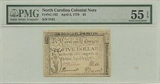 1776 April 2 $5 North Carolina Colonial NC-162 PMG AU55 EPQ