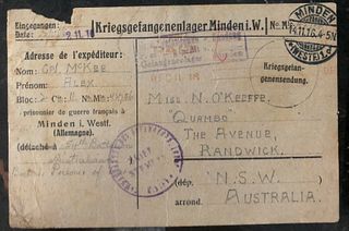 1916 Minden Germany POW CAmp PC Cover Australian Prisoner Of War To Randwick
