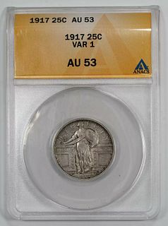 1917 STANDING LIBERTY QUARTER 25C SILVER ANACS CERTIFIED AU 53 ABOUT UNC