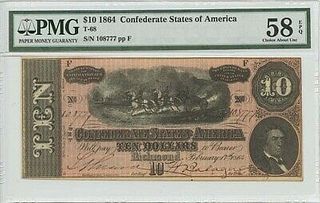 $10 1864 Confederate States of America T-68 PMG 58 Ch About Unc EPQ