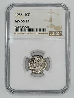 1938 MERCURY DIME 10C NGC CERTIFIED MS 65 FB MINT STATE UNC FULL BANDS