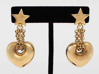 18K Yellow Gold Star & Puff Heart Drop Earrings