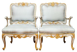 Italian Rococo Blue Armchairs, 18th c Pair