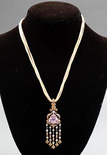 18K Gold Kunzite Diamond Pendant/14K Cord Necklace