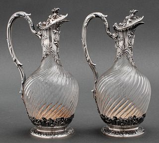 Pair French 950 Silver & Glass Wine Ewers