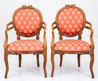 Rustic Style Carved Wood Armchairs, Pair