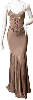 John Galliano Taupe Embroidered Evening Gown