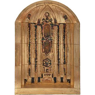 CARMEN PARRA, Retablo, Firmado, Acrílico, óleo y hoja de oro sobre retablo de madera, 129 x 90 x 16 cm, Con constancia