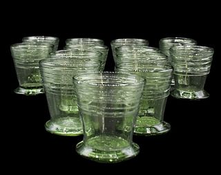 13 Signed Steuben Spanish Green Threaded Tumblers