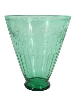 Green Glass Etched Vase