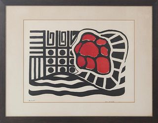 Mid-Century Abstract Red & Black Litho, Signed