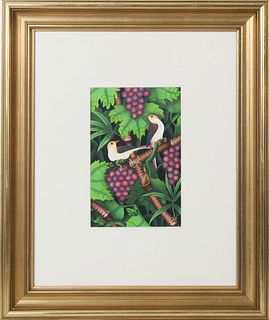 Balinese Watercolor of Birds & Berries, Signed