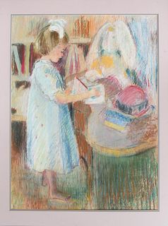 20th C. Interior w Little Girl, Pastel/Paper