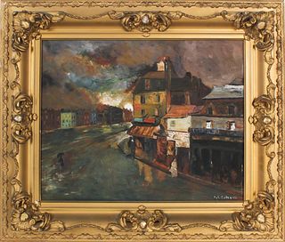 20th C. Cityscape, Signed Oil on Canvas Panel