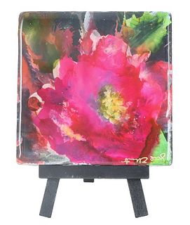 Signed Art Floral Coaster on Stand
