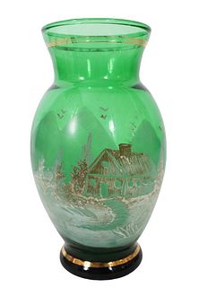 Czech Green Art Glass Vase w House Landscape Scene