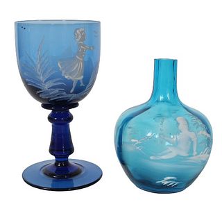Bohemian Art Glass Blue Chalice & Vase