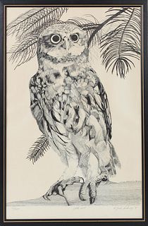 Owl on Branch, 20th C. B & W Graphic