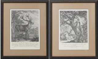 Pair of Early Engravings of Stag & Deer in Nature