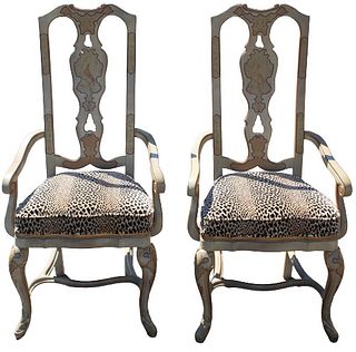 French Chinoiserie Upholstered Dining Arm Chairs