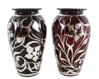 Pair of Ruby Red Glass Silver Overlay Vases