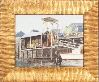 20th C. Signed Painting of Wharf & Dock