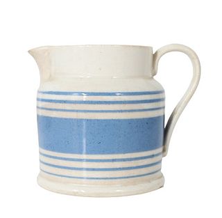Antique Blue Striped Mochaware Pint Pitcher