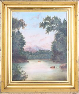 Antique American River Scene, Oil on Canvas