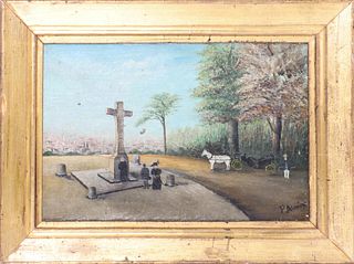 Antique Naive Religious Scene, Signed Oil/Canvas