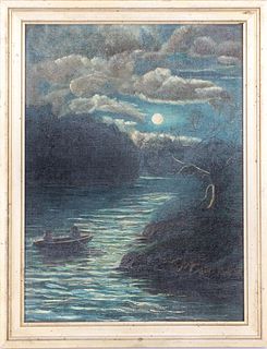 Antique Moonlit River Scene, Oil on Canvas