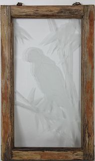 Framed Glass Window Etched w Parrot Image