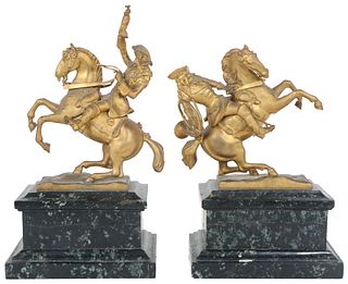 Pair of Gilt Bronze Equestrian Statues on Marble