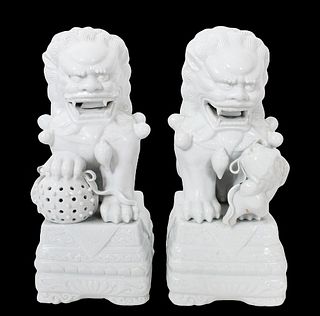 20th C Pair of Blanc De Chine Porcelain Foo Dogs