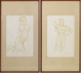 Pair of 20th C. Signed Figural Drawings