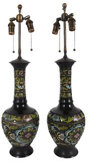 Pair of Chinese Black Cloisonne Lamps