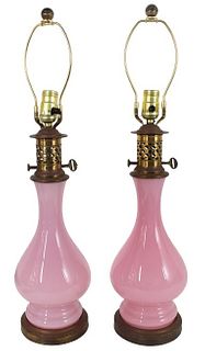 Pair of Pink Glass Fluted Lamps