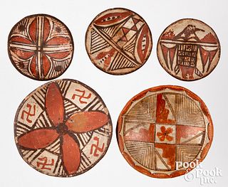 Five Acoma Pueblo Indian polychrome pottery dishes