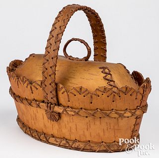 Woodland Indian birch bark handled basket with lid