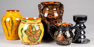 Five pieces of Lester Breininger redware
